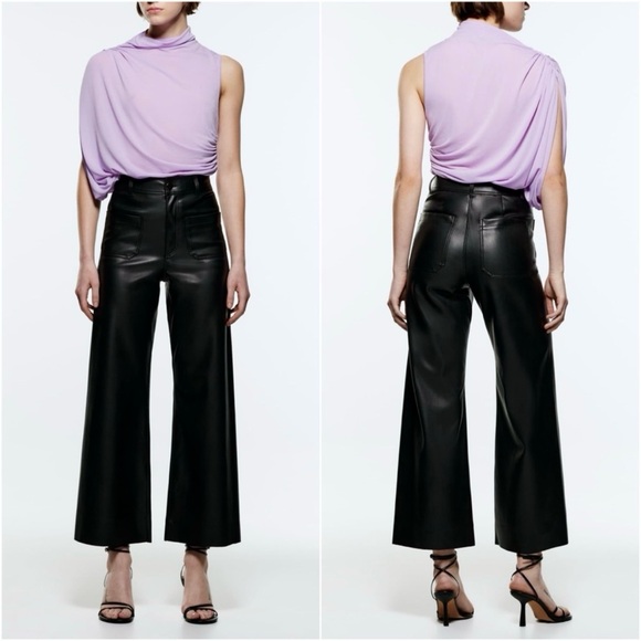 Zara Viral Baddie Edgy Punk BossGirl 🖤 Vegan Leather Marine Wide Leg Pant Sz-6 - Picture 3 of 16